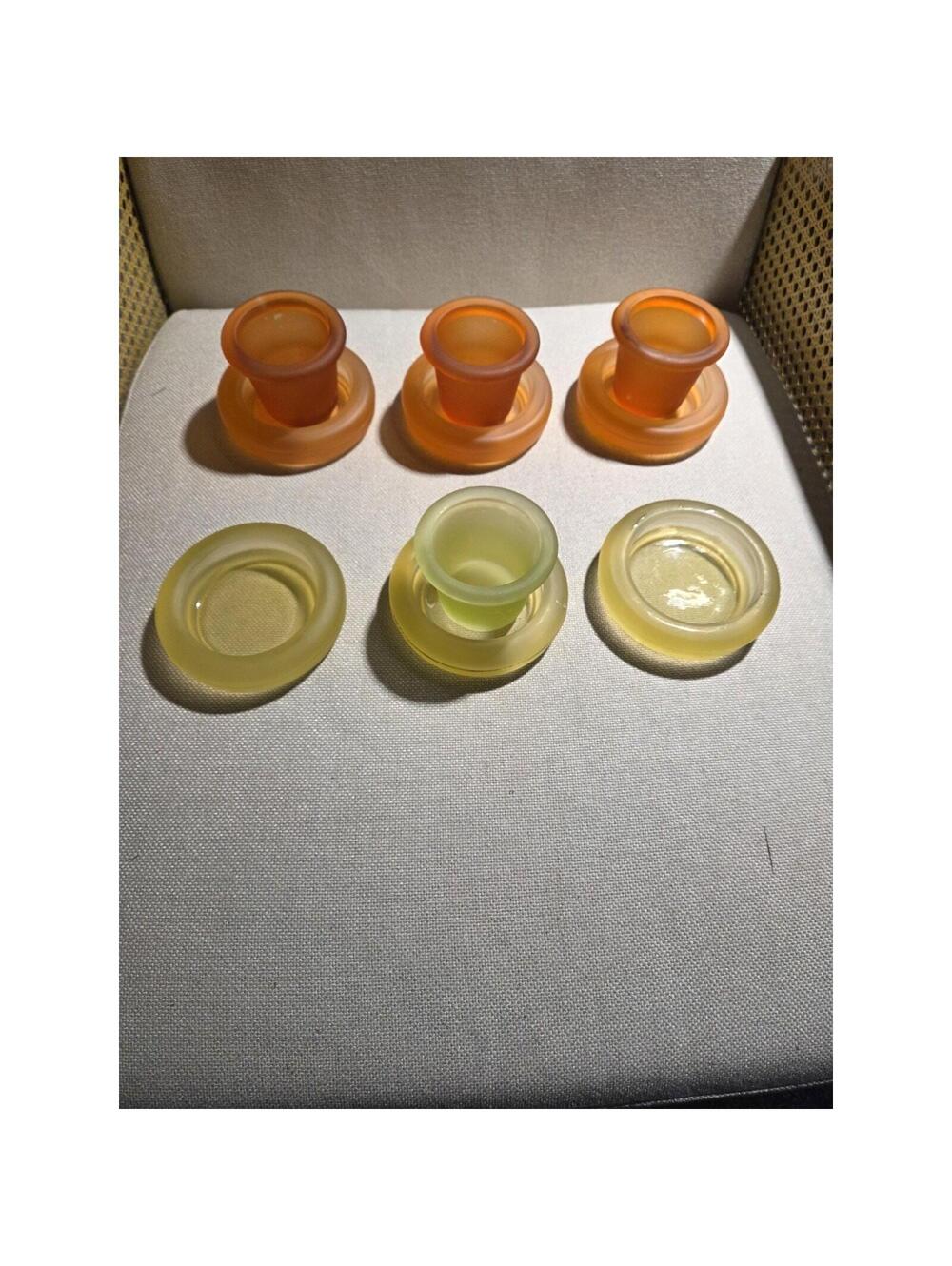 Set of 6 Frosted Glass Candle Holders w/ Inserts & Bases, Orange & Yellow